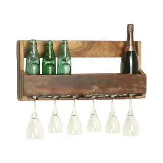 InteriZO! Raw Materials Factory Wijnrek - 60 X 12 X 28 Cm - Hangend - Gerecycled Hout - 5 Flessen, 6 Glazen