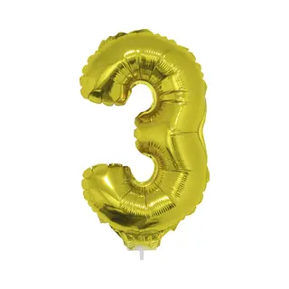 Gouden Opblaas Cijfer Ballon - 3 Jaar - Op Stokje - H41 Cm - Leeftijd Versiering - Verjaardag Feestartikelen