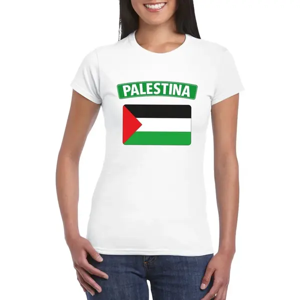 Bellatio Decorations Vlag Palestina T-shirt - Wit - Met Vlag Van Het Land Print - Voor Dames - Korte Mouwen - Supporters L thumbnail