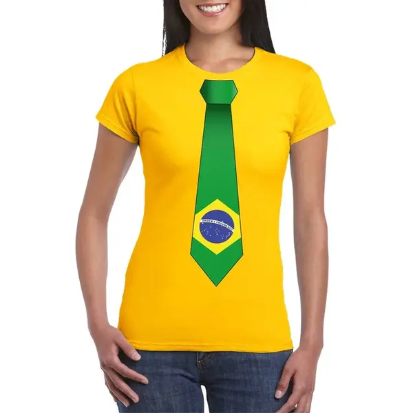 Bellatio Decorations Geel T-shirt Met Braziliaanse Vlag Stropdas Dames - Brazilie Supporter S thumbnail