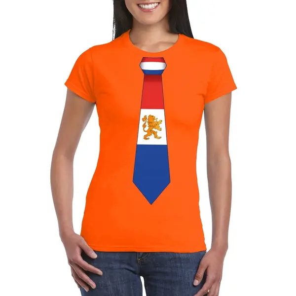 Bellatio Decorations Oranje T-shirt Met Hollandse Vlag Stropdas Dames - Oranje Koningsdag/ Holland Supporter Kleding Xxl thumbnail