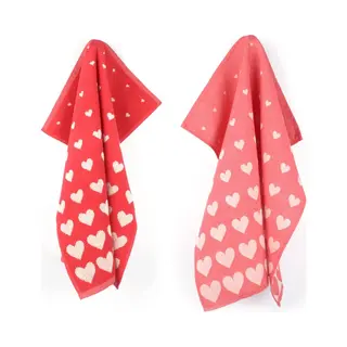 Luxe Keukendoek En Theedoek Hearts Rood Bunzlau Castle - 100% Biologisch Katoen - Keukendoek 60x53cm En Theedoek 65x65cm