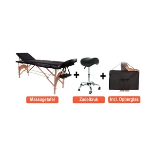Alora Massagetafel Zen Budget + Zadelkruk Zwart/chrome - Incl. Opbergtas - Max. Draagvermogen 250 Kg - 8 Hoogtestanden - Houten Onderstel - Tabouret