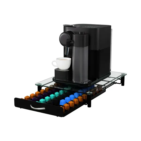 KitchenBrothers Kapselhalter - Mit Schublade - Nespresso - 60 Kapseln - Glas - Edelstahl/Schwarz thumbnail