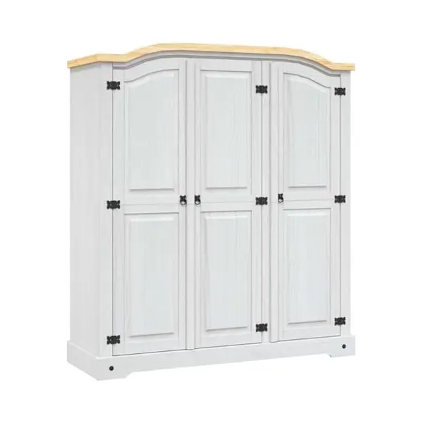 VidaXL Wardrobe, White Body And Brown Top - 3 Door Mexican Pine In Traditional Corona Style With Various Organizational Compartments thumbnail