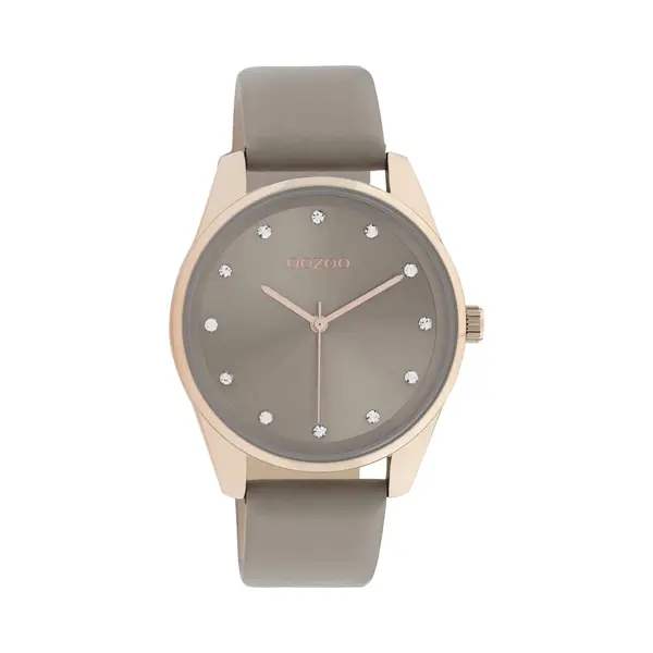 Large Oozoo Women's Watch With Leather Strap And Dial With 12 Cubic Zirconia, 42 Mm Diameter, In Various Variations, Rose Gold / Taupe, Strap thumbnail