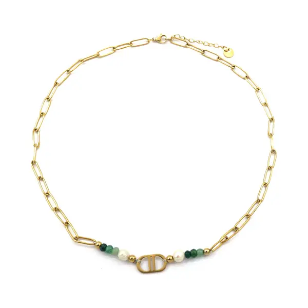 MustHaves Ketting - Parels En Kralen - Rvs - Lengte 39-44 Cm - Goudkleurig En Groen thumbnail