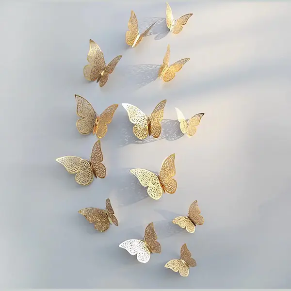 3D Vlinders Muurstickers | Goud | 12 Stuks |Kinderkamer | Slaapkamer | Wanddecoratie thumbnail
