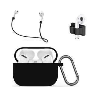 Mmobiel Silicone Shockproof Case Compatible With AirPods Pro Protective Cover Skins 4in1 Set With Clip Ear Hooks Strap (Black)