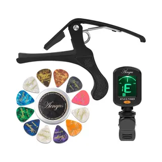 Áengus Accessoires Set Voor Klassieke Gitaar, Basis - Gitaartuner, Capo En Blikje Met 12 Plectrums