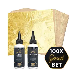 Glim® Origineel Bladmetaal Xl - 100 Vellen Goud- Imitatie Bladgoud – Grote Vellen >> 16*16cm - A-kwaliteit - Inclusief 30ML Lijm + Vernis