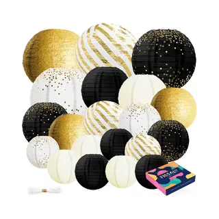 Fissaly 20 Stuks Lampionnen Set Versiering Zwart, Goud & Wit – Feest Decoratie – Bruiloft, Trouwen & Verjaardag - Papier - Happy New Year 2026