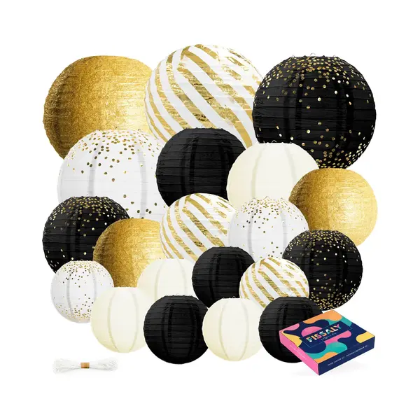 Fissaly 20 Stuks Lampionnen Set Versiering Zwart, Goud & Wit – Feest Decoratie – Bruiloft, Trouwen & Verjaardag - Papier - Happy New Year 2026 thumbnail
