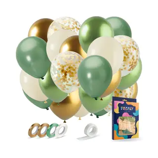 Fissaly 40 Stuks Olijfgroen & Gouden Ballonnen Set Met Lint – Feest Decoratie – Verjaardag Versiering – Papieren Confetti - Helium