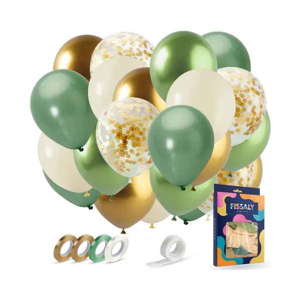 Fissaly 40 Stuks Olijfgroen & Gouden Ballonnen Set Met Lint – Feest Decoratie – Verjaardag Versiering – Papieren Confetti - Helium thumbnail