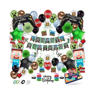Fissaly 81 Stuks Pixel Video Game Verjaardag Versiering – Thema Decoratie – Ballonnen, Slingers, Armbandjes & Accessoires