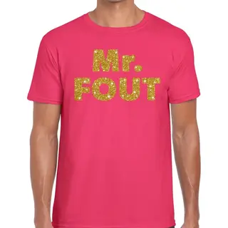 Bellatio Decorations Mr. Fout - Gouden Glitter Tekst - T-shirt - Roze - Heren - Foute Party Kleding Xl