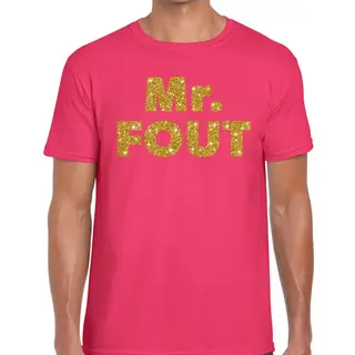 Bellatio Decorations Mr. Fout - Gouden Glitter Tekst - T-shirt - Roze - Heren - Foute Party Kleding Xxl