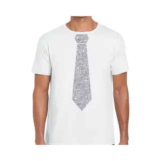 Bellatio Decorations Carnaval Verkleed T-shirt - Met Zilveren Glitter Stropdas - Wit - Voor Heren - Disco - Glamour Xxl