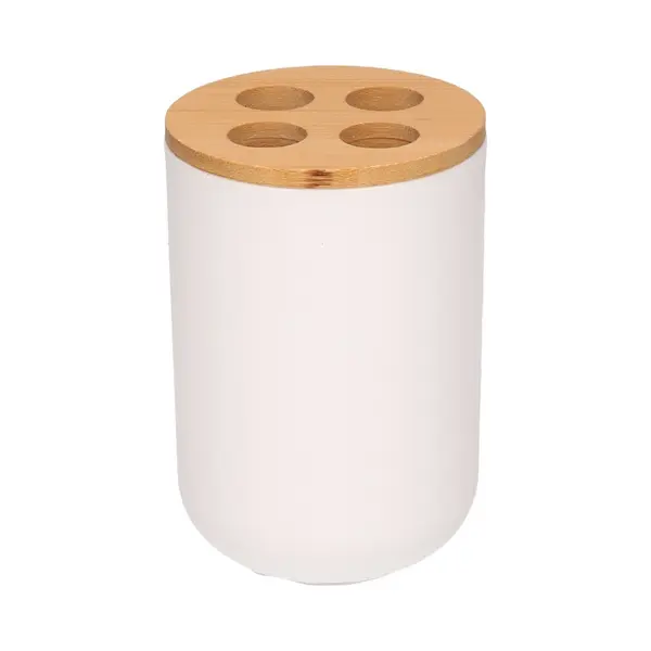 Badkamer Tandenborstelhouder - Wit - Met Bamboe - 7 X 11 Cm - 300 Ml - Badkameraccessoires - Drinkbeker thumbnail