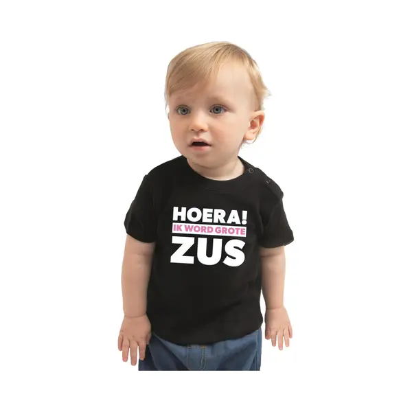 Bellatio Decorations Hoera Ik Word Grote Zus Cadeau T-shirt Zwart Voor Peuter / Kinderen - Meisje - Shirt Voor Zusjes 86 thumbnail
