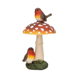 Paddenstoel Beeldje Met Roodborstjes - Tuin En Huis Herfstdecoratie - 16 Cm - Polyresin - Ornament Met Vogeltjes