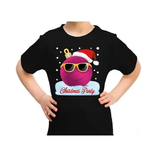 Bellatio Decorations Foute Kersttrui T-shirt - Voor Kinderen - Coole Kerstbal - Christmas Party - Zwart - Kerstkleding 140/152