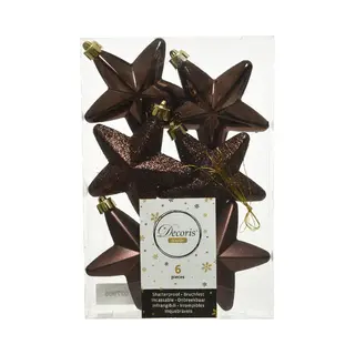 Decoris Kersthanger Sterren - 6x St - Donkerbruin - 7 Cm - Kunststof - Kerstornamenten - Kerstversiering
