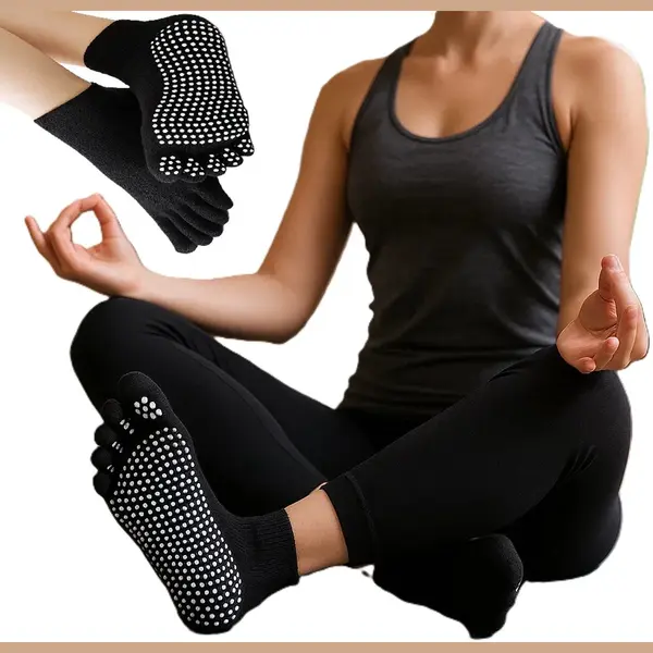 Superdealer Yoga Sokken FUll Toe I Volle Teen Yoga Sok I Met Anti Slip Onderkant I Antislip Sokken - Pilates Sokken - Zwart - Maat 36-40 thumbnail