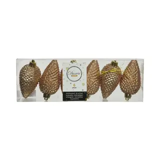 Decoris Kersthangers Dennenappels - 6x - Toffee Bruin - Glitter - 8 Cm - Kunststof - Kerstversiering