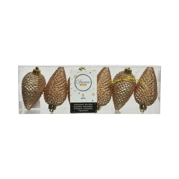 Decoris Kersthangers Dennenappels - 6x - Toffee Bruin - Glitter - 8 Cm - Kunststof - Kerstversiering thumbnail