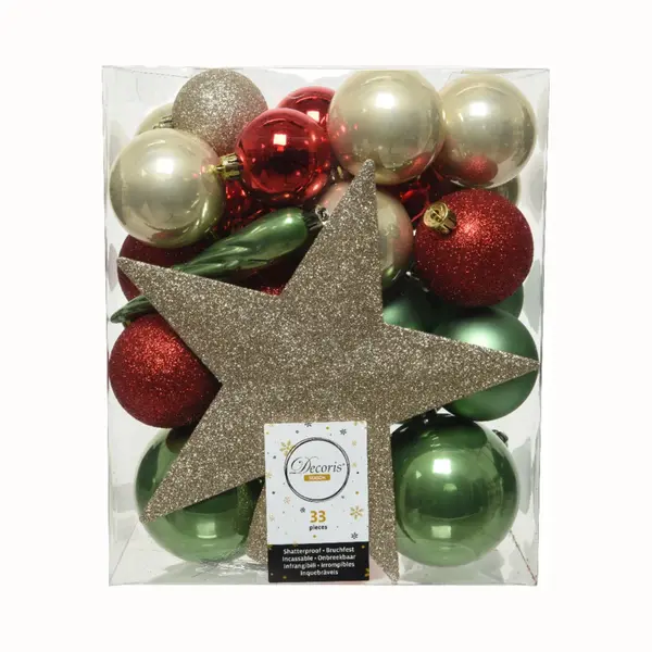 Decoris Kerstballen Set - 34-dlg - Champagne/rood/groen - Incl. Piek - Kunststof - Kerstversiering thumbnail