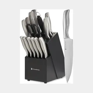 KitchenBrothers Messenset - Messenblok Met Messen - Bpa En Pfas Vrij - 16-Delig - Met Schaar En Aanzetstaal - Zilver/ Rvs