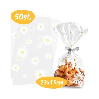 Happy Happenings Uitdeelzakjes - Madelief - 50 Stuks - Blokbodemzakjes - Cellofaanzakjes - Traktatie Zakjes - Snoepzakjes - Transparant - Plastic - Doorzichtig