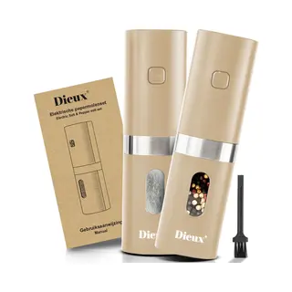 Dieux® Dieux - Elektrisch Peper En Zoutmolen Set - Beige - Pepermolen - Zoutmolen - 2 Stuks - Instelbare Maalgraad - Hervulbaar - Barbecue - Bbq Accesoires -