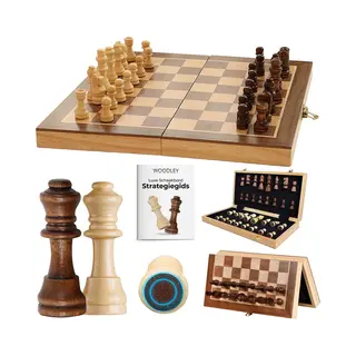 Woodley Luxe Houten Schaakbord - Opvouwbare Schaakset Met Schaakstukken - Schaakspel - Bordspel - Magnetisch Schaakbord - Extra Koningin - Chess Set -