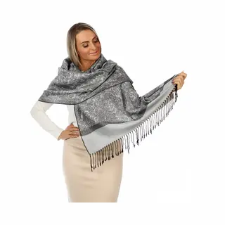 Sale-Pashmina Shine – Zilvergrijs Paisley Sjaal – Cashmere & Zijde – Luxe Dames Omslagdoek – Sjaal Heren-200×70 Cm