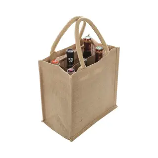 Boodschappentas - Voor 6 Flessen - Naturel - 29 X 27 Cm - Jute - Boodschappentas - Wijnflessen Tas - Draagtassen Met Hengsels