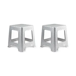 Plasticforte Set Van 2x Stuks Rotan Opstapje/krukje In Het Zilver - 32 X 32 X 30 Cm - Keuken/badkamer/slaapkamer Handige Krukjes/opstapjes
