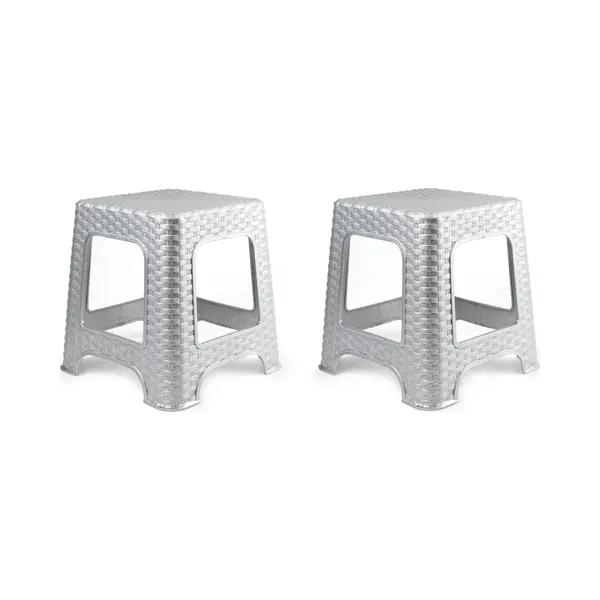 Plasticforte Set Van 2x Stuks Rotan Opstapje/krukje In Het Zilver - 32 X 32 X 30 Cm - Keuken/badkamer/slaapkamer Handige Krukjes/opstapjes thumbnail