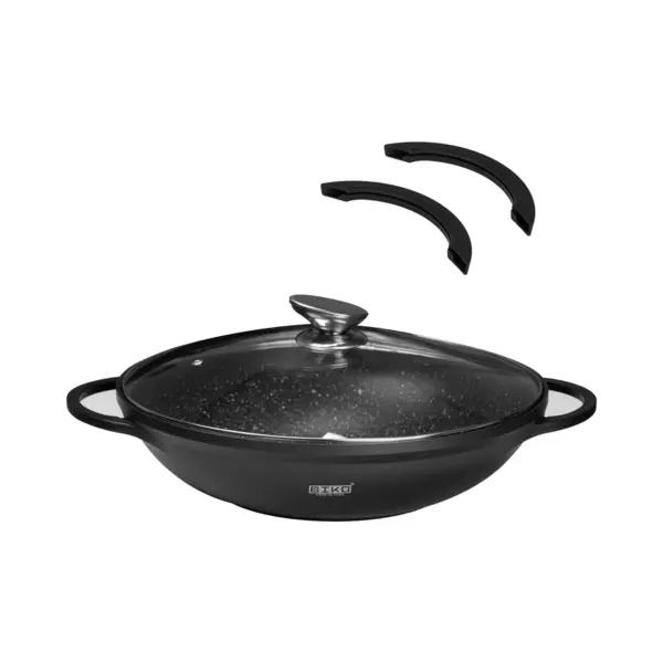 Biko - Wokpan Inductie Met Deksel Pfas Vrij- Wokpannen - Marmeren Coating - Glazen Deksel - Wadjan - Zwart Ø 36 Cm thumbnail