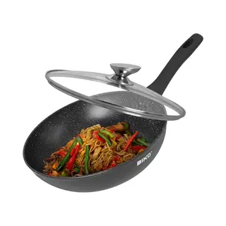 Biko Wokpan Inductie - 28 Cm - Pan Met Anti-Aanbaklaag - Wokpan Met Deksel Voor Alle Warmtebronnen- Pfoa Vrij - Softtouch Koudgreep - Marmeren Coating -