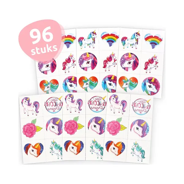 Isa's Friends® - Tattoo's Kinderen 96 Stuks - Uitdeelcadeau Unicorn - Traktatie - Tijdelijke Tattoo - Plak Tattoos - Uitdeelcadeautjes Voor Kinderen thumbnail