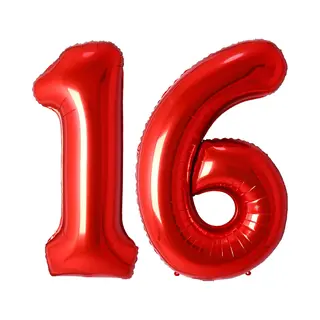 Q2P Ballon Cijfer 16 Jaar Rood Folie Ballon Verjaardag Versiering Cijfer Ballonnen Feest Versiering Met Rietje - 36Cm