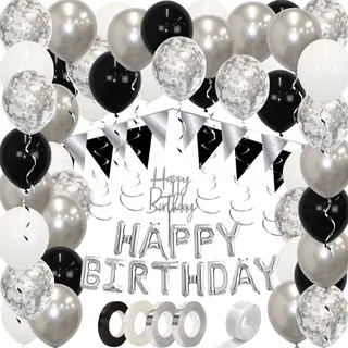 Q2P Zilveren & Zwarte & Witte Helium Ballonnen Slingers Verjaardag Versiering Happy Birthday Ballon Feestpakket Zilver - 53 St