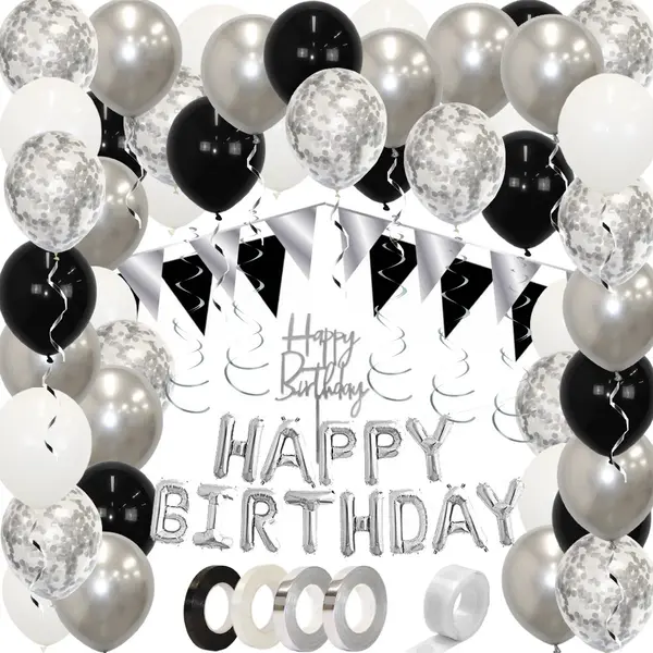 Q2P Zilveren & Zwarte & Witte Helium Ballonnen Slingers Verjaardag Versiering Happy Birthday Ballon Feestpakket Zilver - 53 St thumbnail