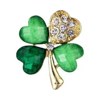 Fako Bijoux - Broche - Klavertje Vier - Donkergroen - Kristal - 25x30mm - Goudkleurig