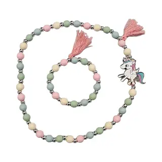 Fako Bijoux® - Kinderketting En Armband - Hout - Eenhoorn Kwastjes
