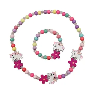 Fako Bijoux® - Kinderketting En Armband - Hout - Eenhoorn & Bloemetjes Fuchsia
