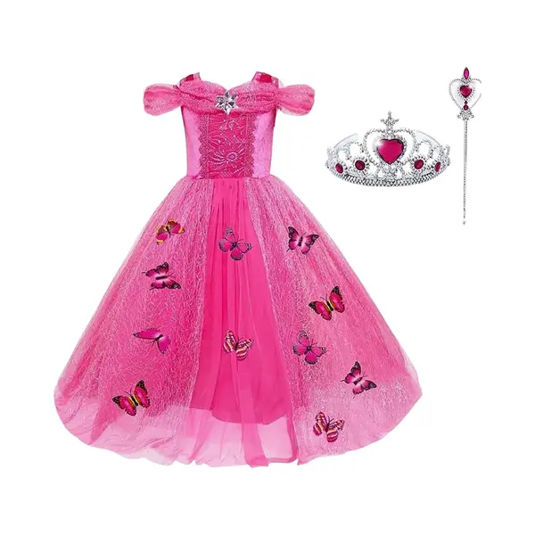 Het Betere Merk - Prinsessenjurk Meisje - Roze Vlinders - Verkleedkleren Meisje - Maat 92/98 - Toverstaf - Kroon - Tiara - Roze Jurk - Fuchsia - thumbnail